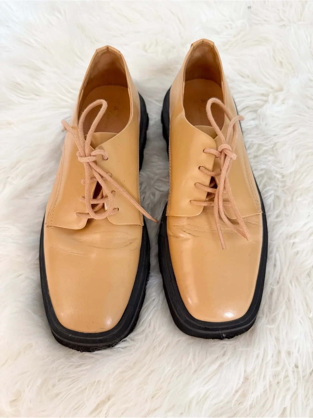 Anthropologie Tan Leather Derby Shoes with Black Sole